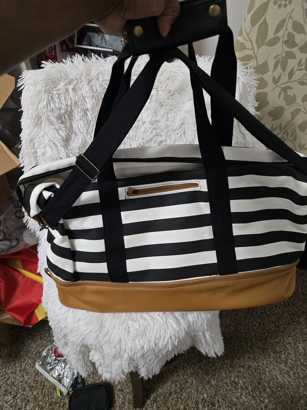 DSW Black & White Striped Travel Tote with Tan Base